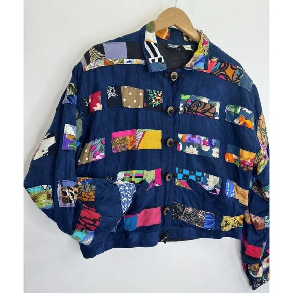 Vintage 90's NATIVEWEAR DESIGNS Patchwork Navy Blue Rayon Jacket Size Medium - Picture 5 of 13